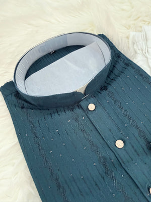 Men’s Teal Shade Sequins Embroidered Kurta Pajama Set – Indian Wedding & Partywear Traditional 2PC Outfit, Size 58 , 5XL, KP-2025