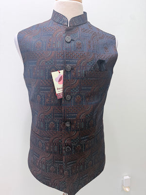 Men’s Navy Blue Brocade Nehru Jacket – Multicolor Woven Design Indian Wedding Waistcoat, Festive Modi Jacket, J-3090