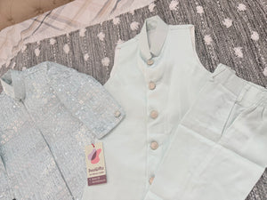 Boy's GreenSky blue Shade Cotton Silk 3 Piece Indo Western Outfit,  Embroidered  Sequins Long Jacket with Pant , Boy's Sherwani Dress - B-3052