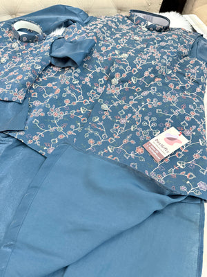 3 Piece Dusty Navy Blue Kurta Pajama with Embroidery Jacket Set, Silk Blend Fabric with a Slight Sheen., Father & Son's Outfit, DM - 3022