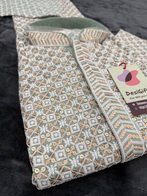 Pastel Green Shade Men's kurta pajama set with embroidery and sequins. Two-piece Indian traditional outfit for special occasions., KP - 1940