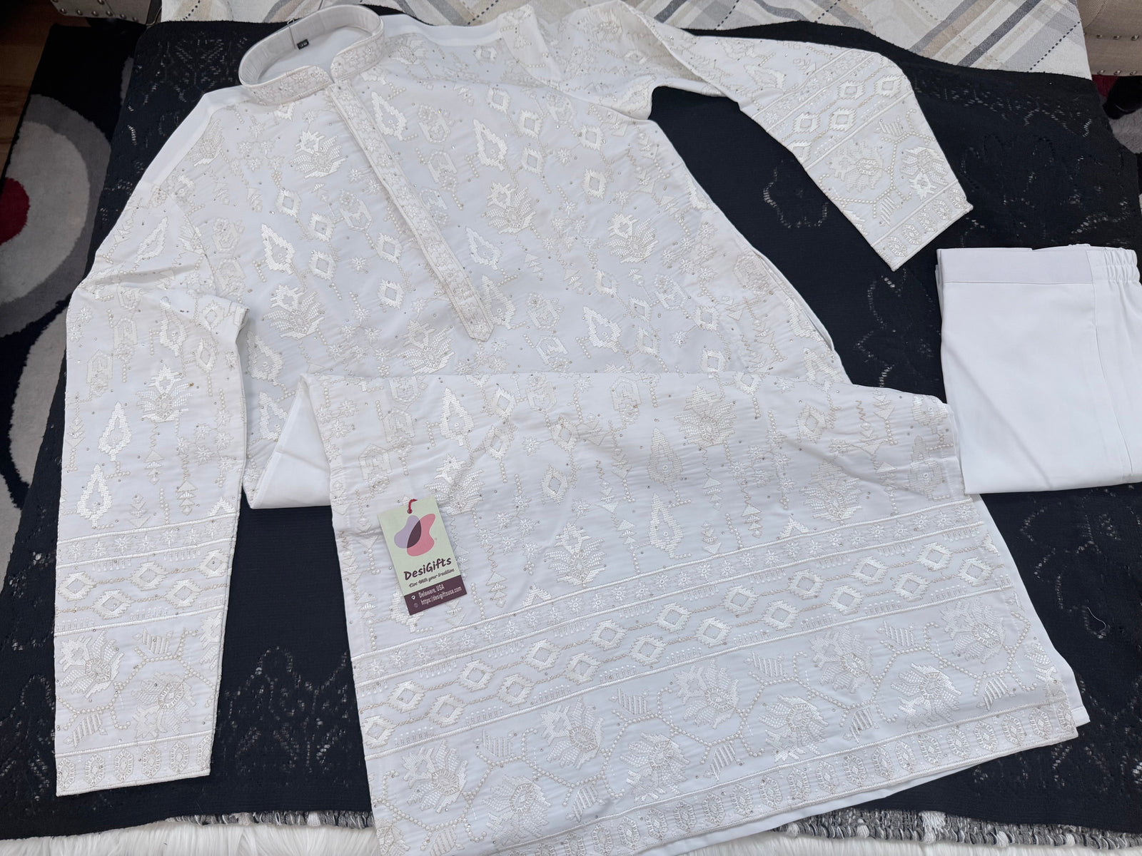 Men’s White Embroidered Kurta Pajama Set with Sequin Accents | Chikankari-Style Wedding & Festive Indian Outfit, KP- 3058