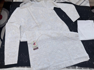 Men’s White Embroidered Kurta Pajama Set with Sequin Accents | Chikankari-Style Wedding & Festive Indian Outfit, KP- 3058