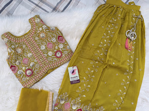 Girls Mustard  Yellow Zari Embroidered Lehenga Choli Set with Dupatta, Traditional Indian Ethnic Wear for Kids, Wedding & Festival Outfit, GRL-3070