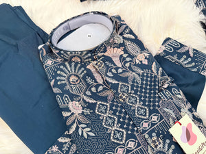 3 Piece Navy Blue Kurta Pajama Set with Embroidery Jacket Set, Silk Blend Fabric with a Slight Sheen, Father & Son's Matching Option, DM - 4081