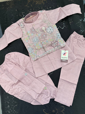 Onion PInk Shade 4 Piece Boy's Cotton  Silk Ethnic Kurta with Jacket, Dhoti and Pajama- Design B-2026