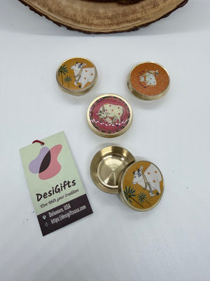 Brass Dibbi Box with Decorative Cow Artwork, 1" x 1.8" Size | Traditional Pooja Kumkum, Haldi & Sindoor Container, BB- 3048