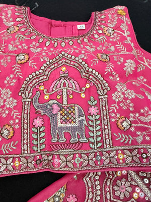 Girls Rani Pink Zari Embroidered Lehenga Choli Set with Dupatta, Traditional Indian Ethnic Wear for Kids, Wedding & Festival Outfit, GRL-2097