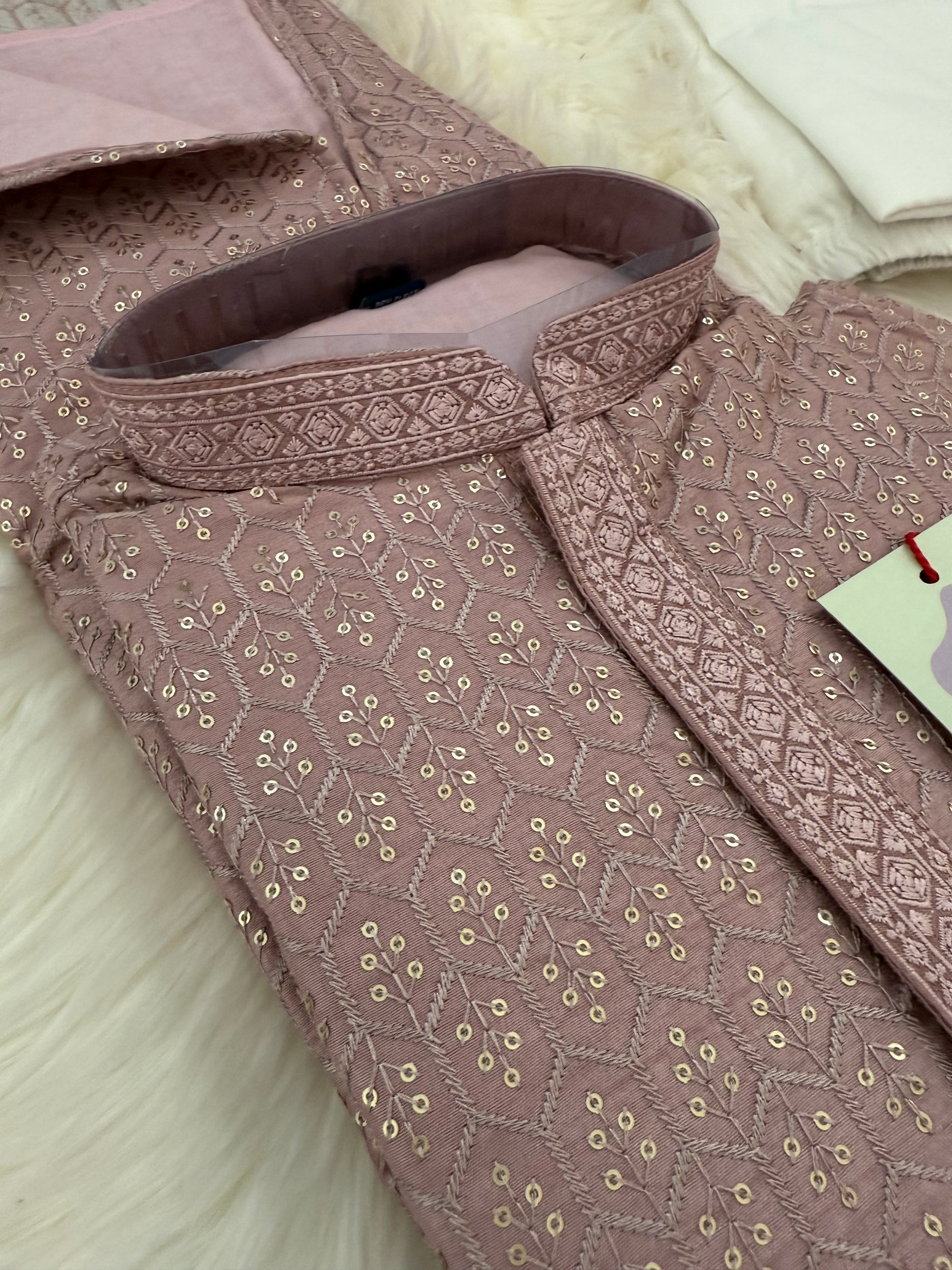 Pre-Teen and Teen Boy's Chikankari Embroidered Kurta Pajama with Sequins, Onion Shade  - BOY-1914