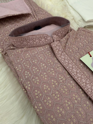 Pre-Teen and Teen Boy's Chikankari Embroidered Kurta Pajama with Sequins, Onion Shade  - BOY-1914