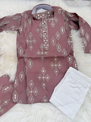 Father & Son Matching Dusty Rose Kurta Pajama Set | Silver Zari-Style Embroidery, Sequin Work | Festive Wear, DM -4039