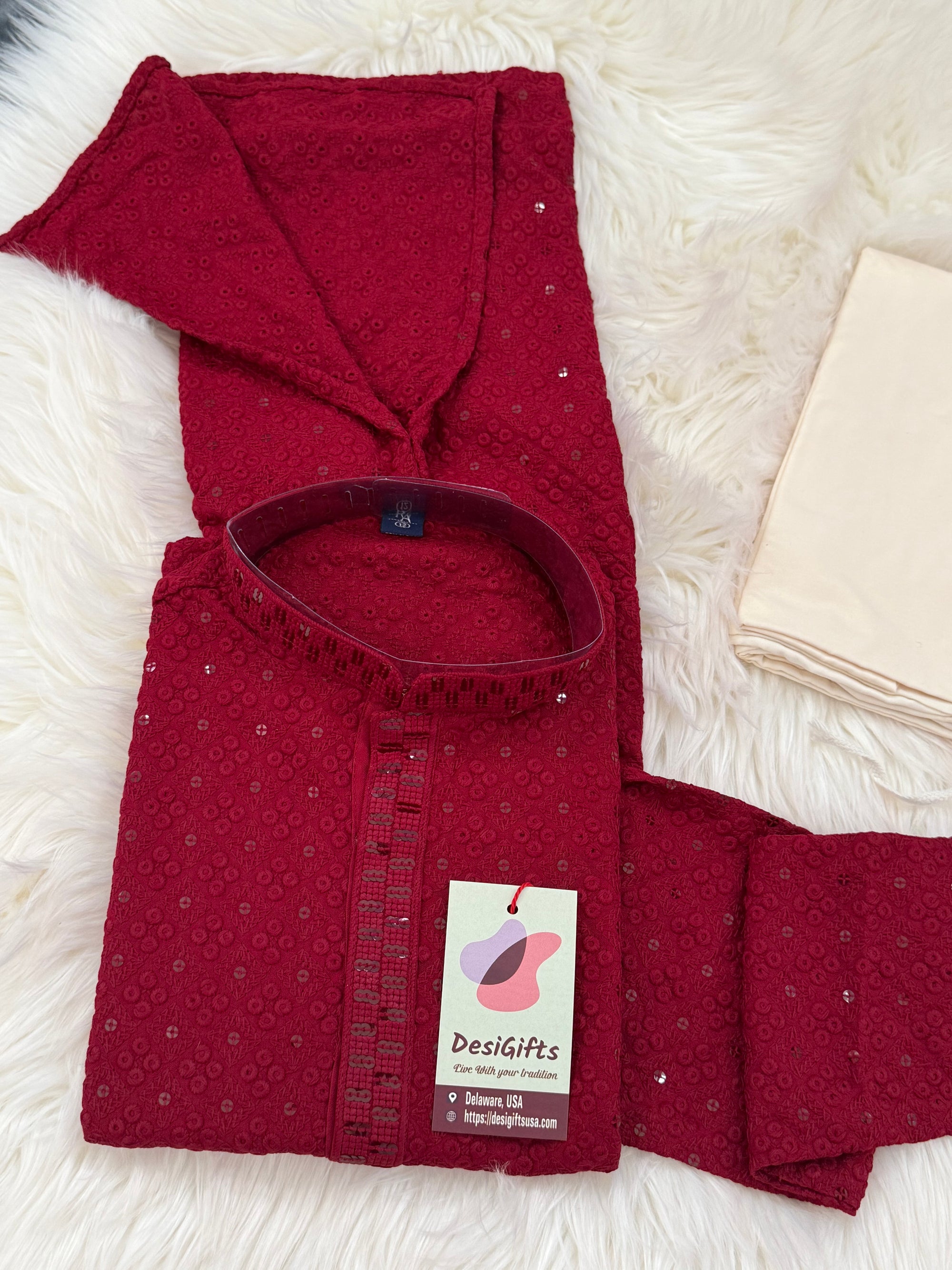 Pre-Teen and Teen Boy's Chikankari Embroidered Rayon Kurta Pajama with Sequins , Maroon Shade, - BOY-1910