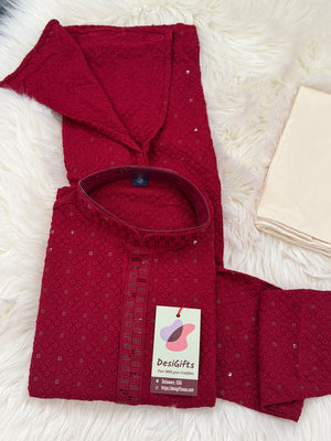Pre-Teen and Teen Boy's Chikankari Embroidered Rayon Kurta Pajama with Sequins , Maroon Shade, - BOY-1910