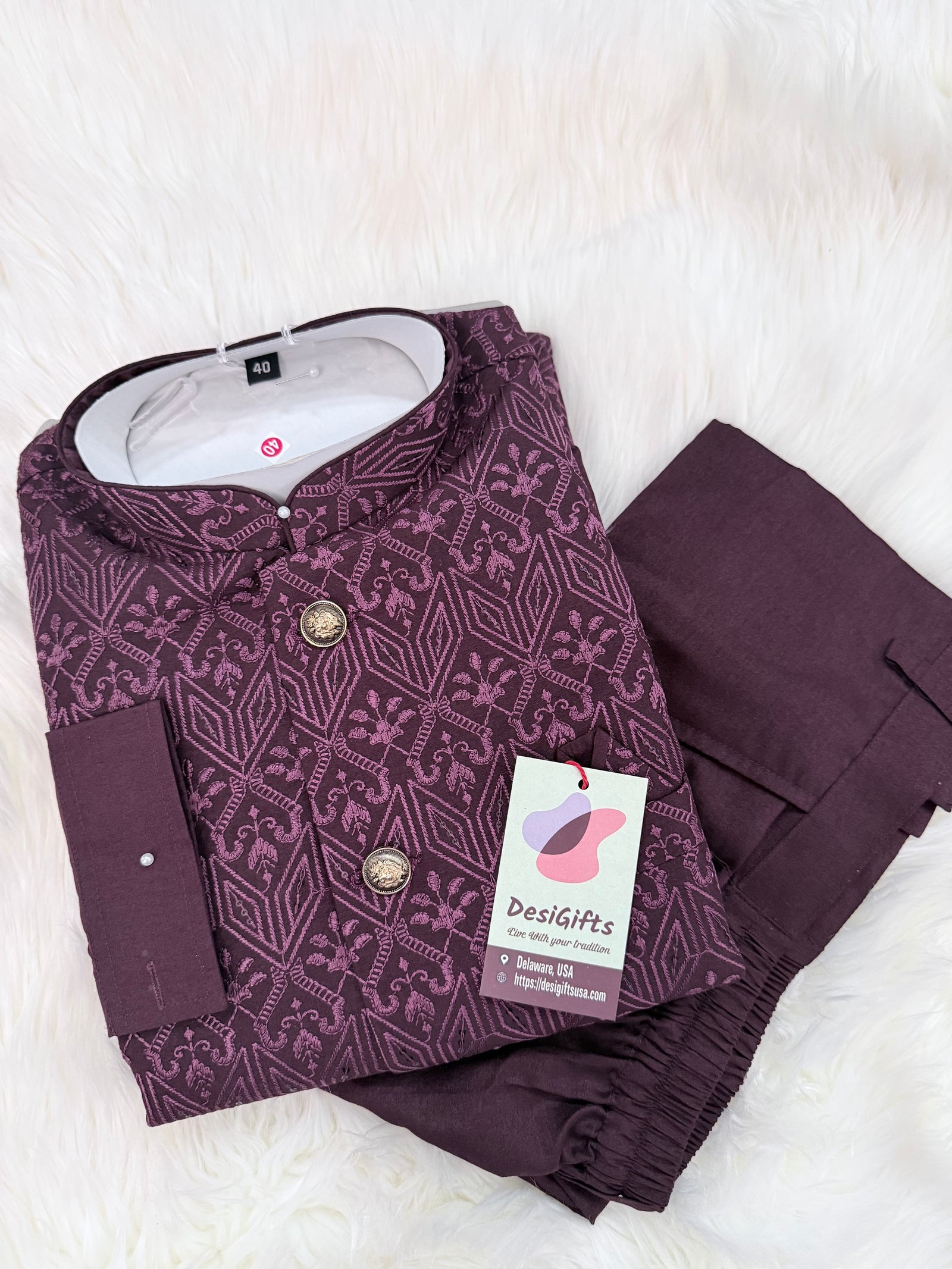 Men’s Wine 3-Piece Kurta Pajama Set with Pant Style Bottom & Embroidered Jacket, Silk Ethnic Wear, TPKP-2030