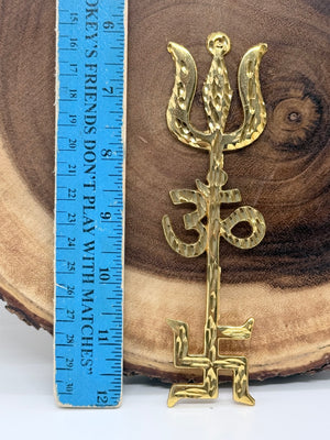 6" Golden Trishul Om Swastik Wall Hanging – Spiritual Metal Décor for Home & Temple, S5M-3047
