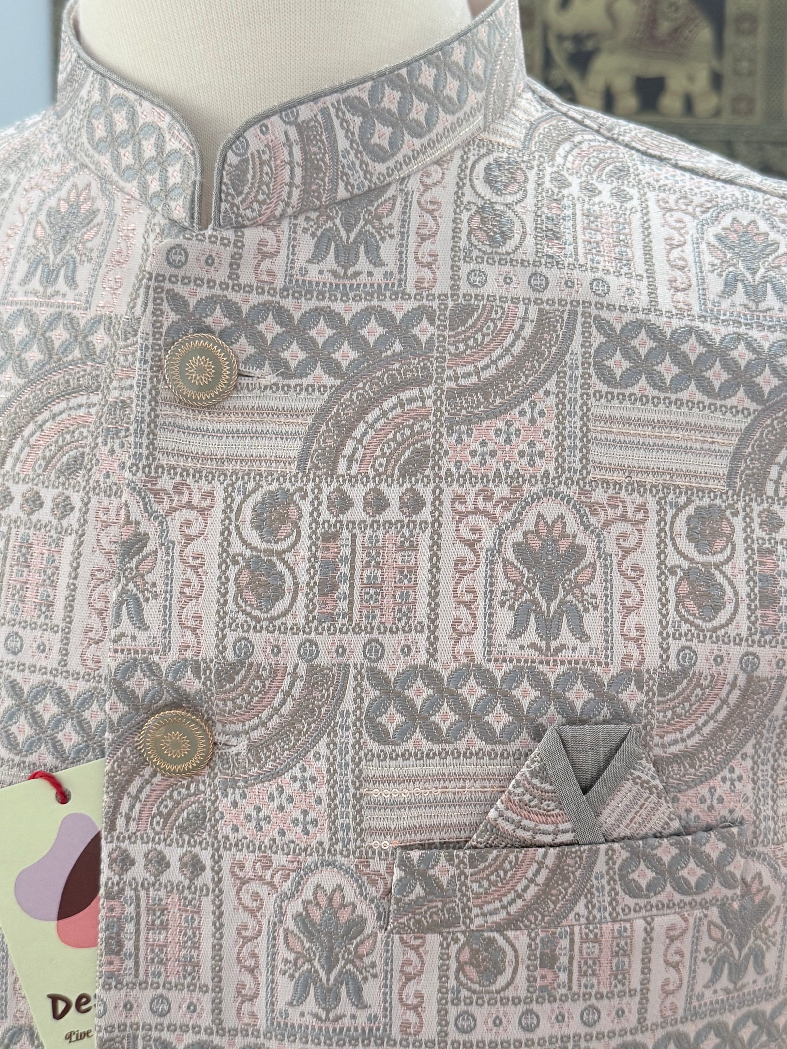 Men’s Light Blush Pink with Gray Woven Design Brocade Nehru Jacket – Indian Wedding Waistcoat, Festive Ethnic Modi Jacket, J-3076
