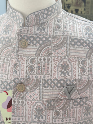 Men’s Light Blush Pink with Gray Woven Design Brocade Nehru Jacket – Indian Wedding Waistcoat, Festive Ethnic Modi Jacket, J-3076