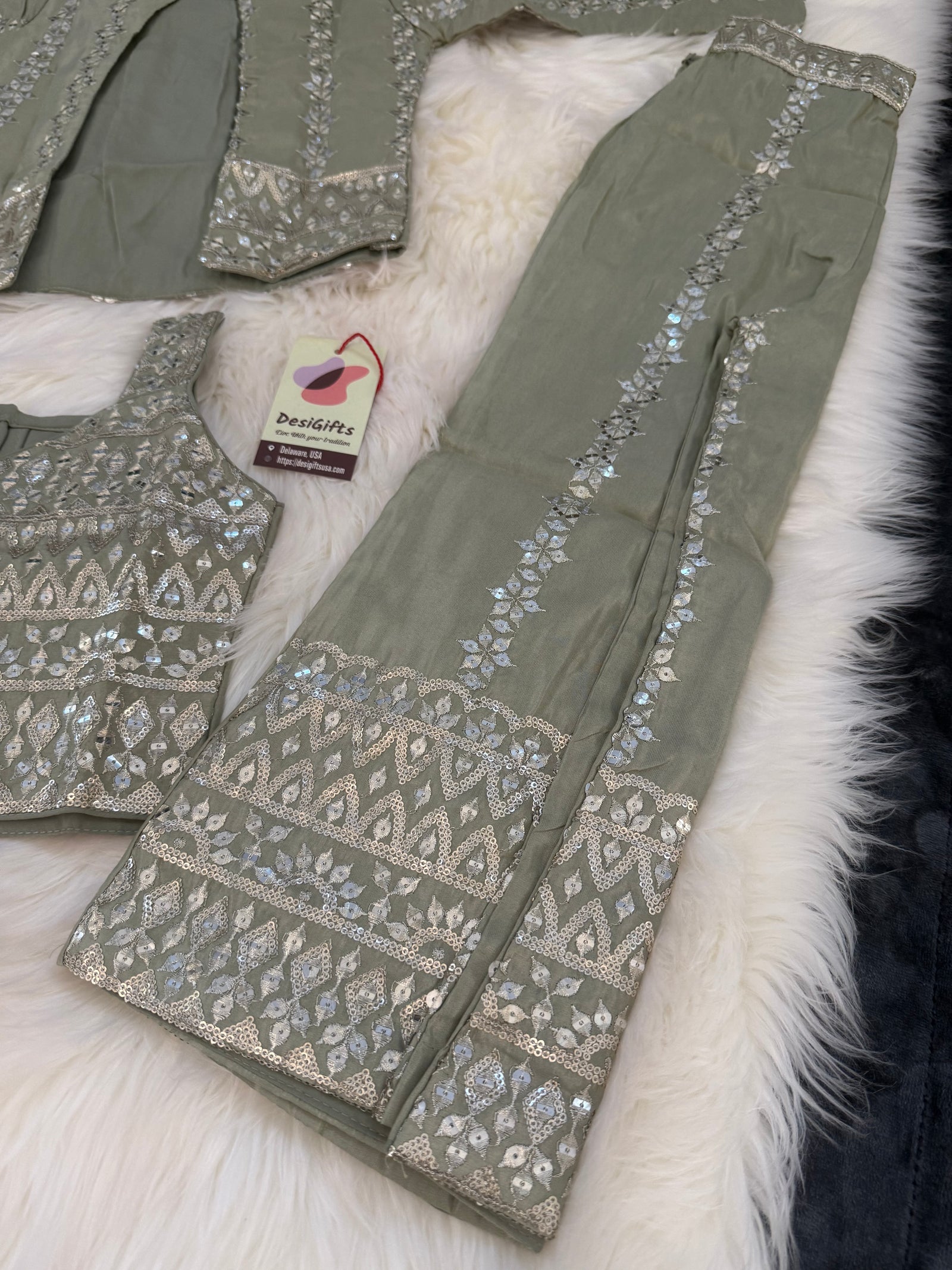 Classy Sequins Work Top with Jacket, Pant Style Set for Girl in Pista Green Shade, Indian traditional Girl Dress, GRL - 1894