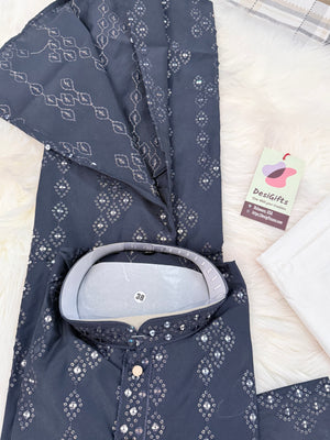 Men’s Navy Blue Embroidered Kurta Pajama Set with Sequins Work, Indian Ethnic Wear for Wedding & Festival, KPS-3014