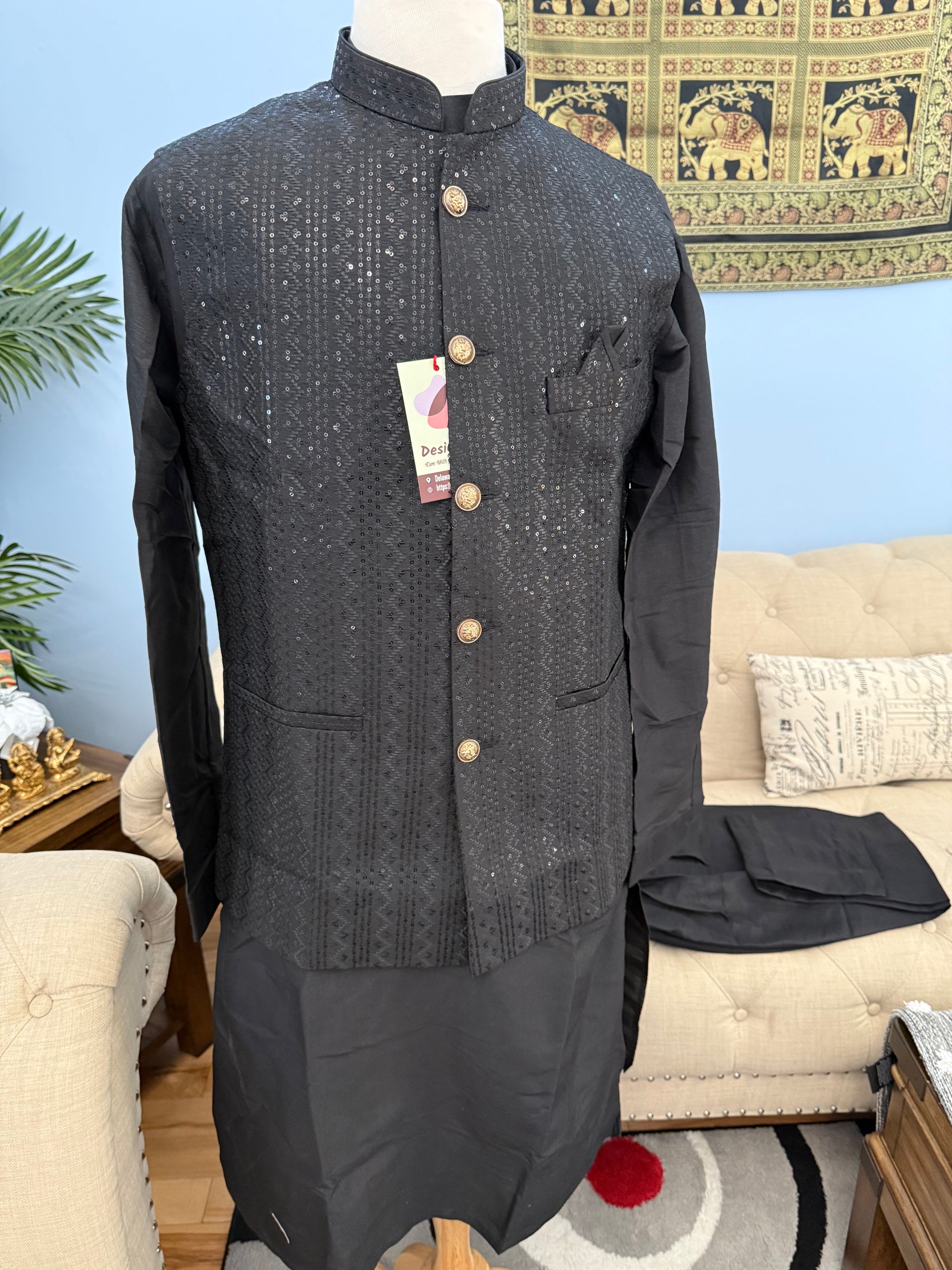 Classic Jet Black 3 Piece Kurta Pajama, Pant Style, with Stylish Embroidered Jacket Set-Silk Design TPKP- 1690