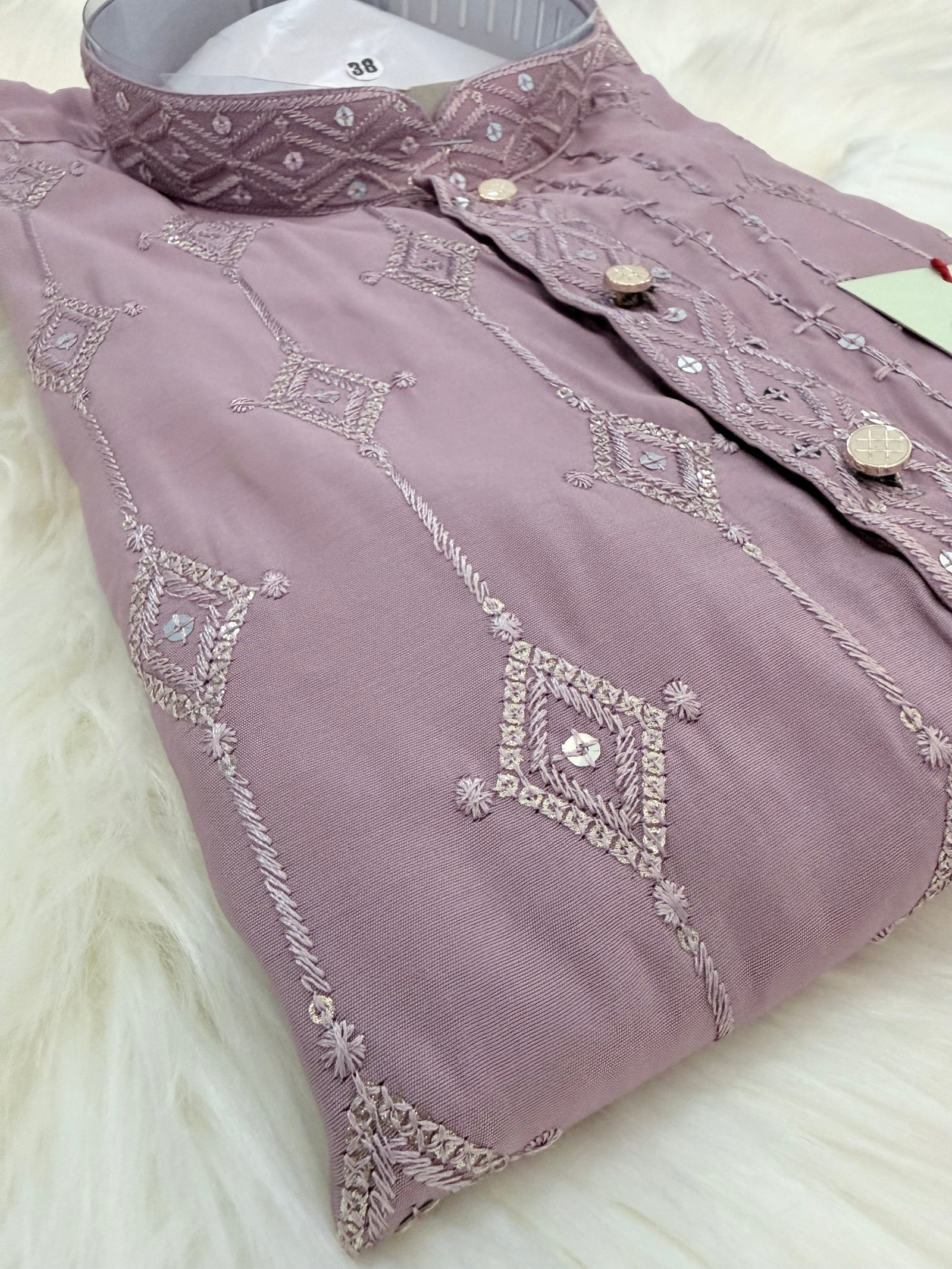 Men’s Onion Shade Embroidered Kurta Pajama Set with Sequins Work, Indian Ethnic Wear for Wedding & Festival, KPS-3012