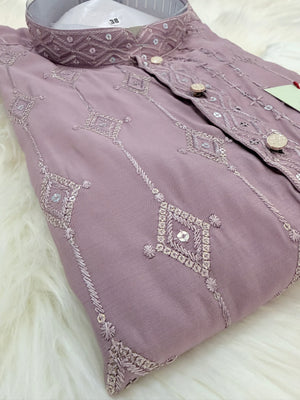 Men’s Onion Shade Embroidered Kurta Pajama Set with Sequins Work, Indian Ethnic Wear for Wedding & Festival, KPS-3012