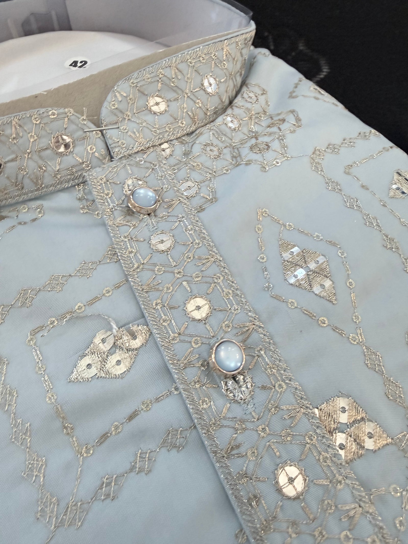 Men’s Ice Blue Embroidered Kurta Pajama Set | Silver Zari-Style, Sequin Work | Indian Wedding Wear, KP-4026