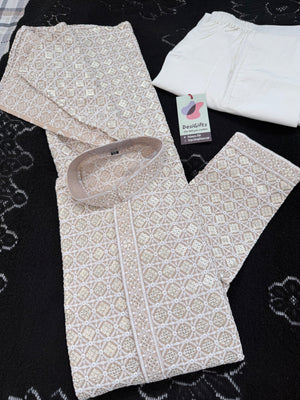 Men's Kurta Pajama set with Embroidery and Sequins in Light Beige Shade. Two-piece Indian traditional outfit., KP - 1424