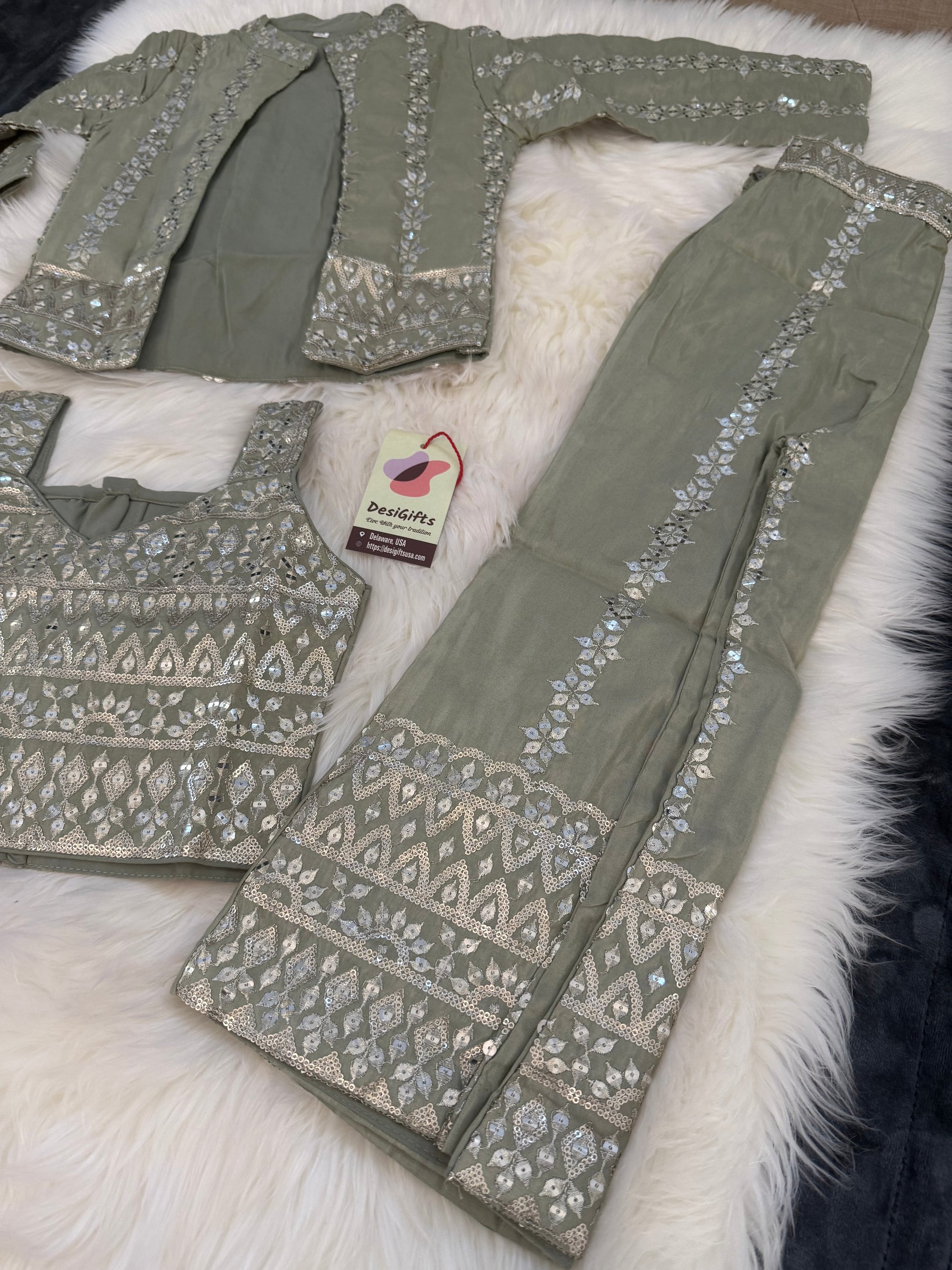 Classy Sequins Work Top with Jacket, Pant Style Set for Girl in Pista Green Shade, Indian traditional Girl Dress, GRL - 1894
