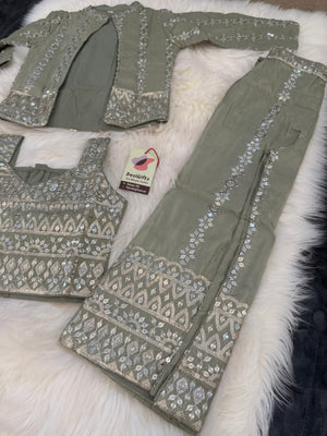 Classy Sequins Work Top with Jacket, Pant Style Set for Girl in Pista Green Shade, Indian traditional Girl Dress, GRL - 1894