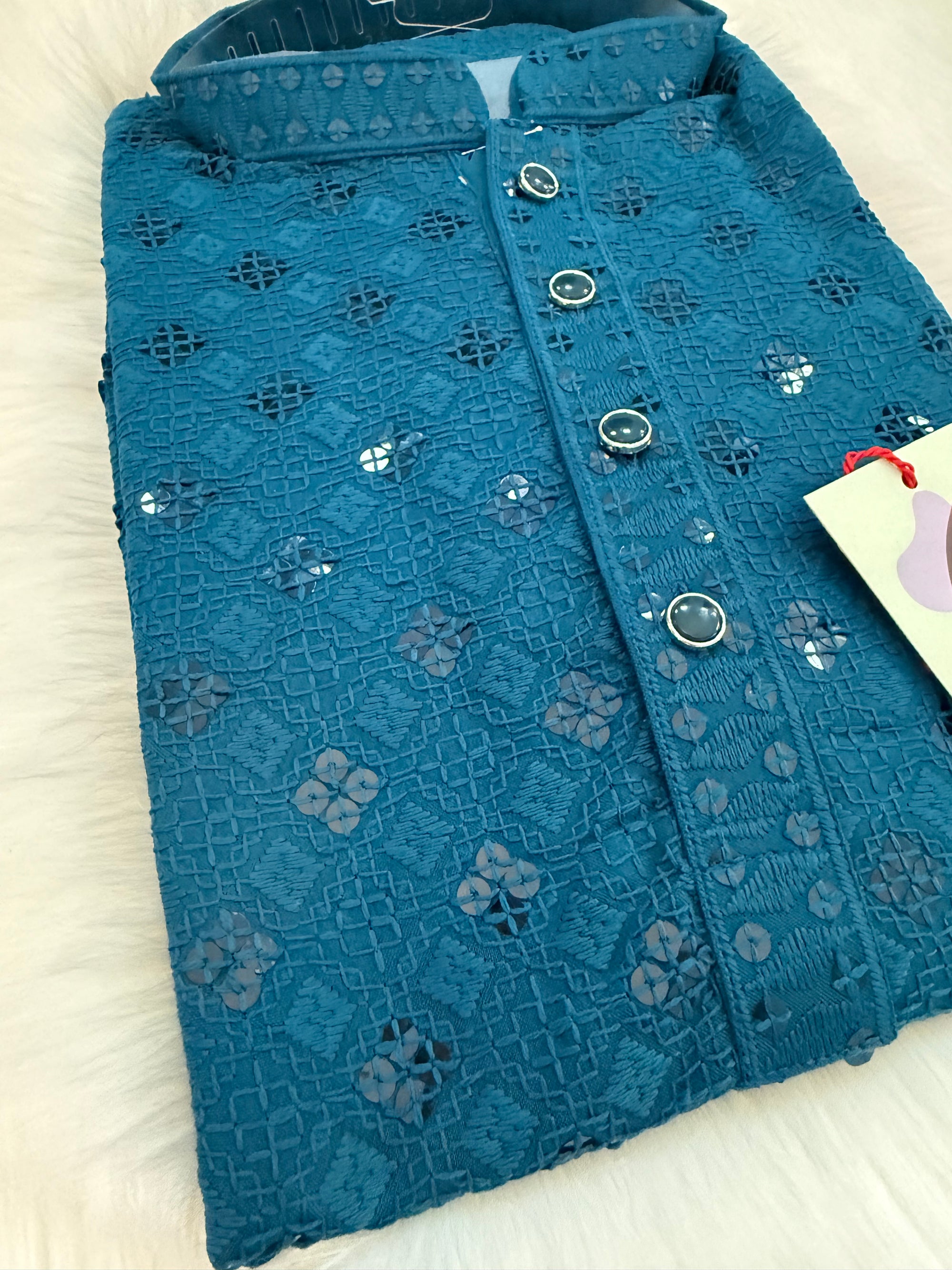 Teal Shade Chikankari Shirt-Style Short Kurta with Sequins – Ethnic Casual Kurta, SK - 1934