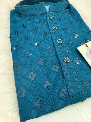 Teal Shade Chikankari Shirt-Style Short Kurta with Sequins – Ethnic Casual Kurta, SK - 1934