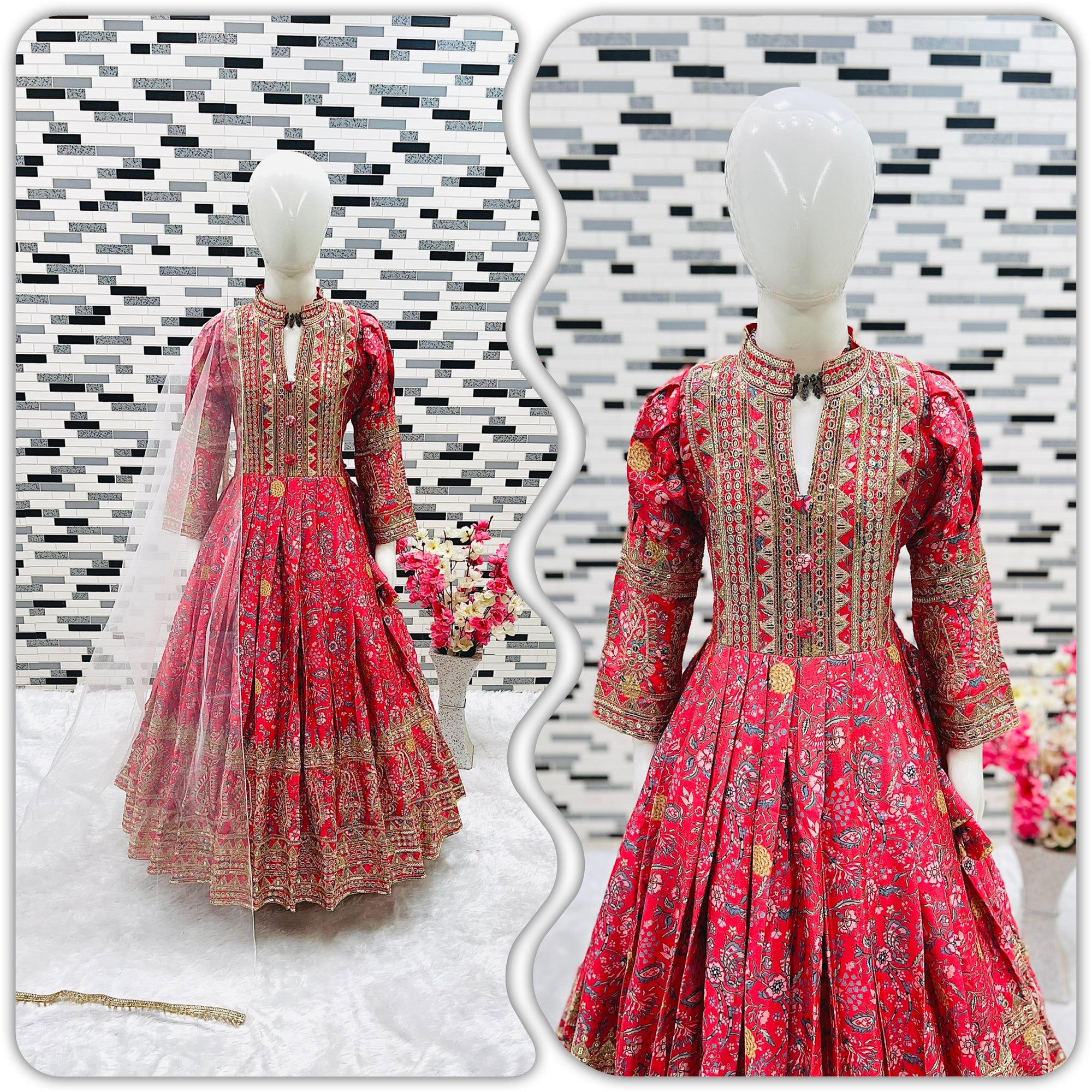 Red Shade Girl's Beautiful Gown with Intricate Embroidery and Sequins Work, Design GRL # 1500