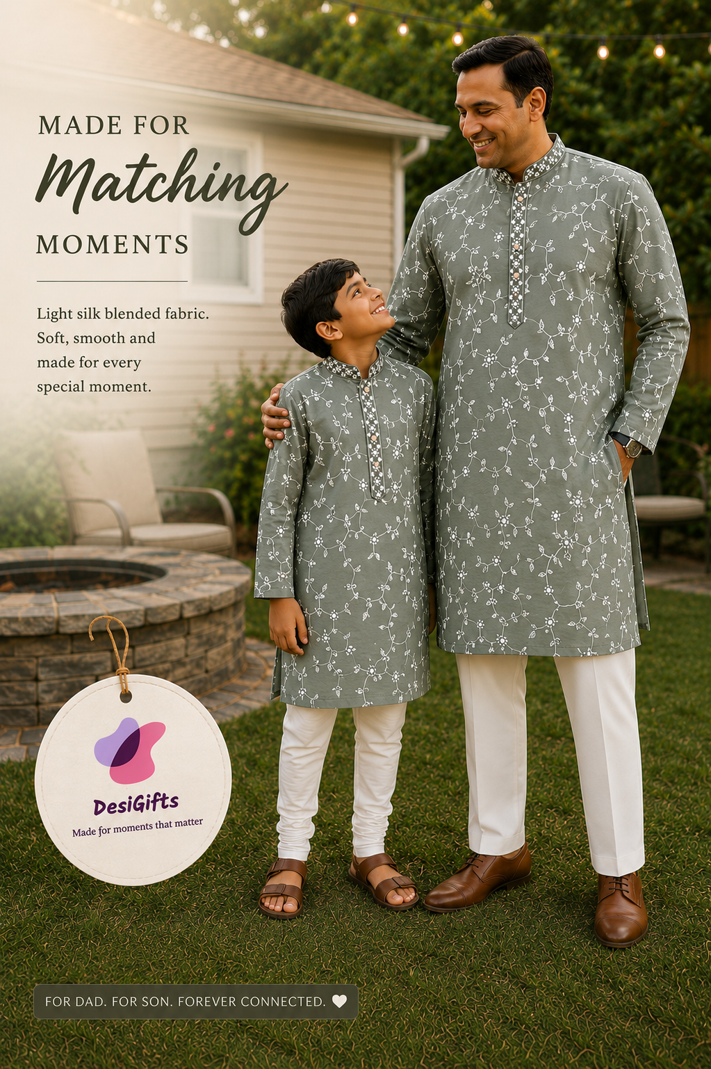 Boys & Men Matching Sage Green Kurta Pajama Set with White Floral Embroidery, Father Son Indian Ethnic Wear, DM- 3011