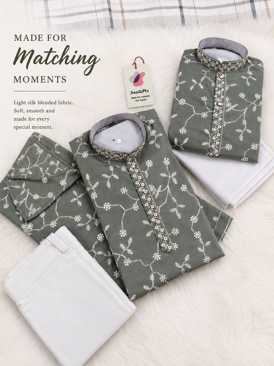 Boys & Men Matching Sage Green Kurta Pajama Set with White Floral Embroidery, Father Son Indian Ethnic Wear, DM- 3011