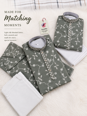 Boys & Men Matching Sage Green Kurta Pajama Set with White Floral Embroidery, Father Son Indian Ethnic Wear, DM- 3011
