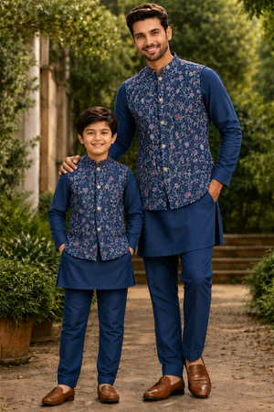 3 Piece Dusty Navy Blue Kurta Pajama with Embroidery Jacket Set, Silk Blend Fabric with a Slight Sheen., Father & Son's Outfit, DM - 3022