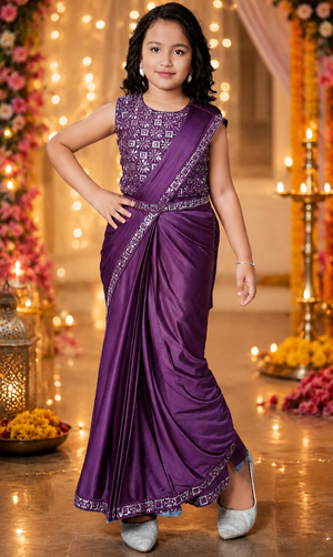 Readymade Saree  in Orchid Purple Shade for Girls with sequins Blouse, Indian Ethnic Outfit, GRL -3028