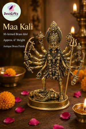 Brass idol for Goddess Kali Maa, Fierce Multi‑Armed Goddess Statue Standing on Shiva.  GS- 3037