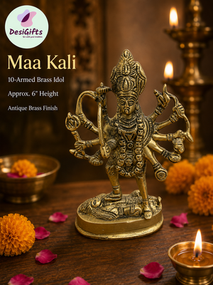 Brass idol for Goddess Kali Maa, Fierce Multi‑Armed Goddess Statue Standing on Shiva.  GS- 3037