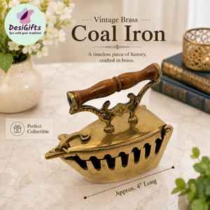 Vintage Brass Coal Iron with Wooden Handle – Decorative Collectible set, Iron - 3038