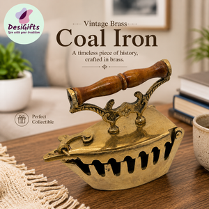 Vintage Brass Coal Iron with Wooden Handle – Decorative Collectible set, Iron - 3038