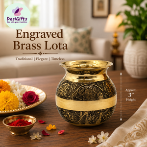 3" Engraved Brass Lota – Mini Decorative Water Pot with Floral Carving, LOTA - 3039
