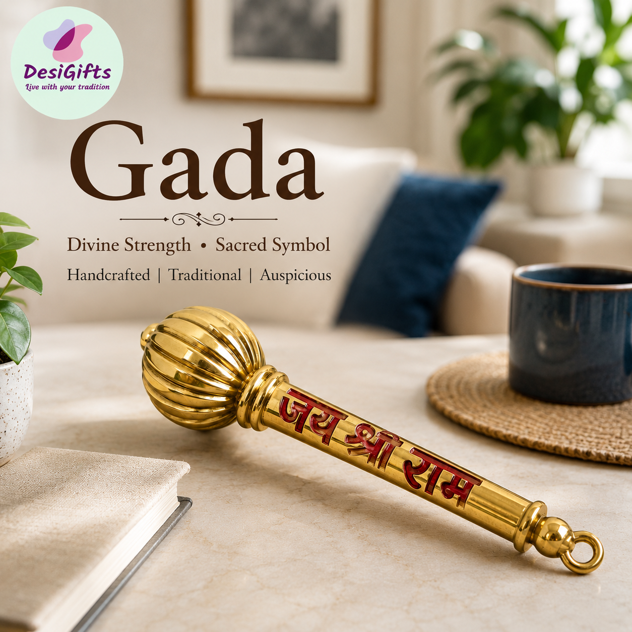 Mini Hanuman Gada ~4" – Jai Shri Ram Engraved Mace (Golden Finish), Gada - 3040
