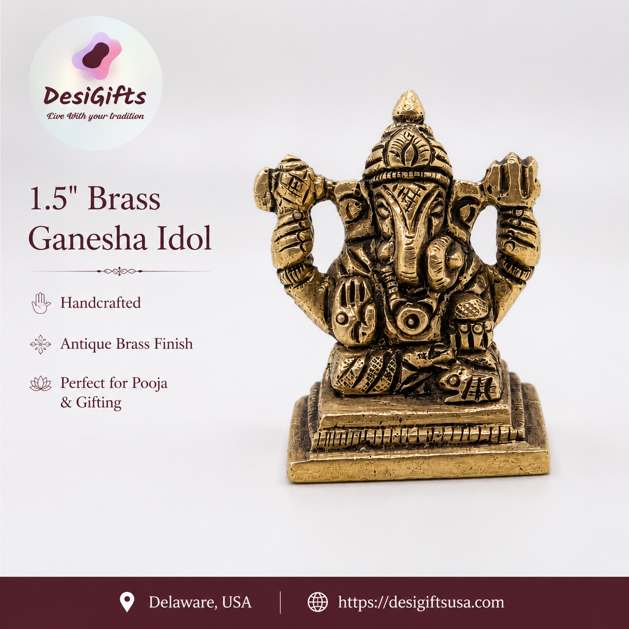 1.5" Brass Ganesha Idol | Miniature Ganesh Murti for Home, Office & Car Dashboard, GIB- 3042