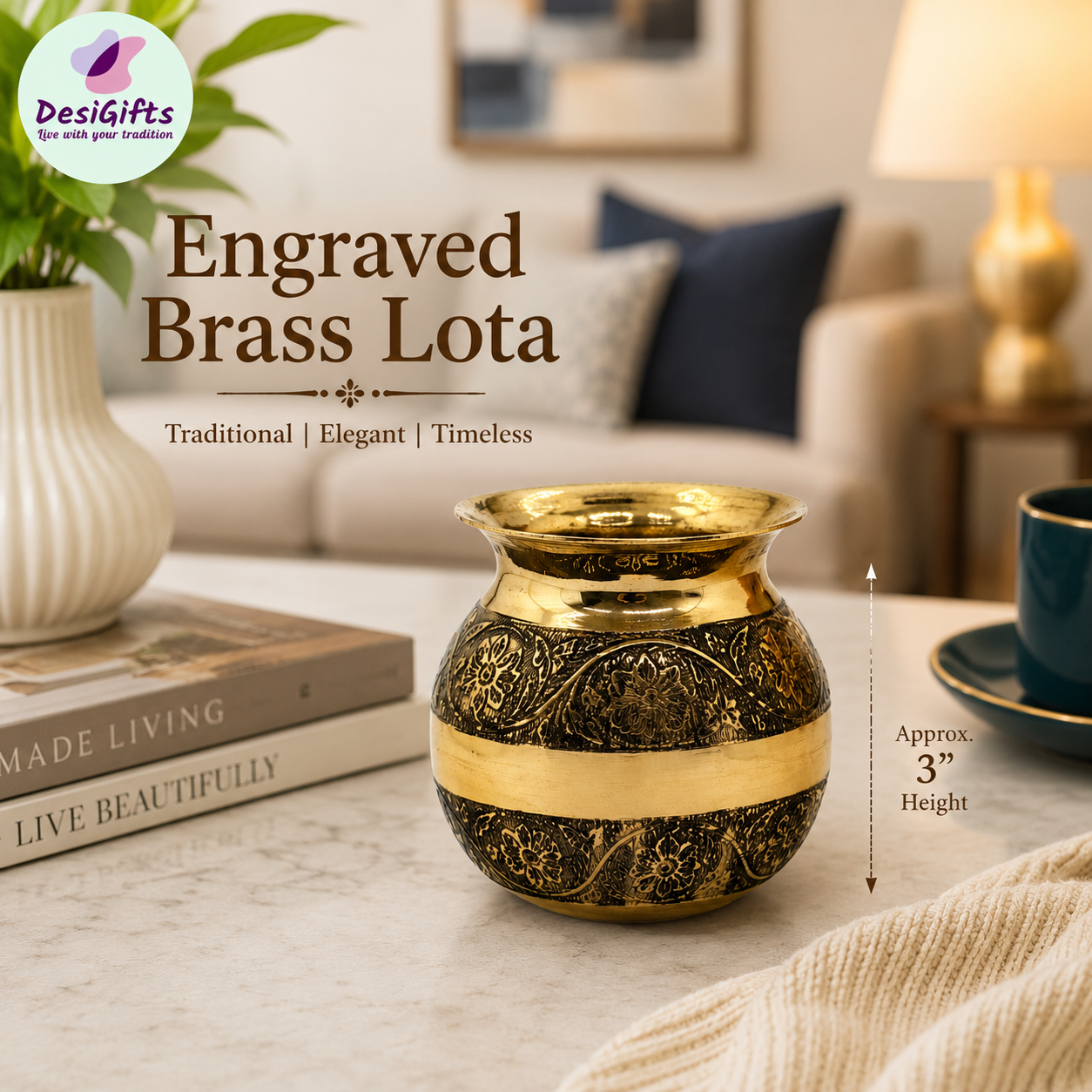 3" Engraved Brass Lota – Mini Decorative Water Pot with Floral Carving, LOTA - 3039