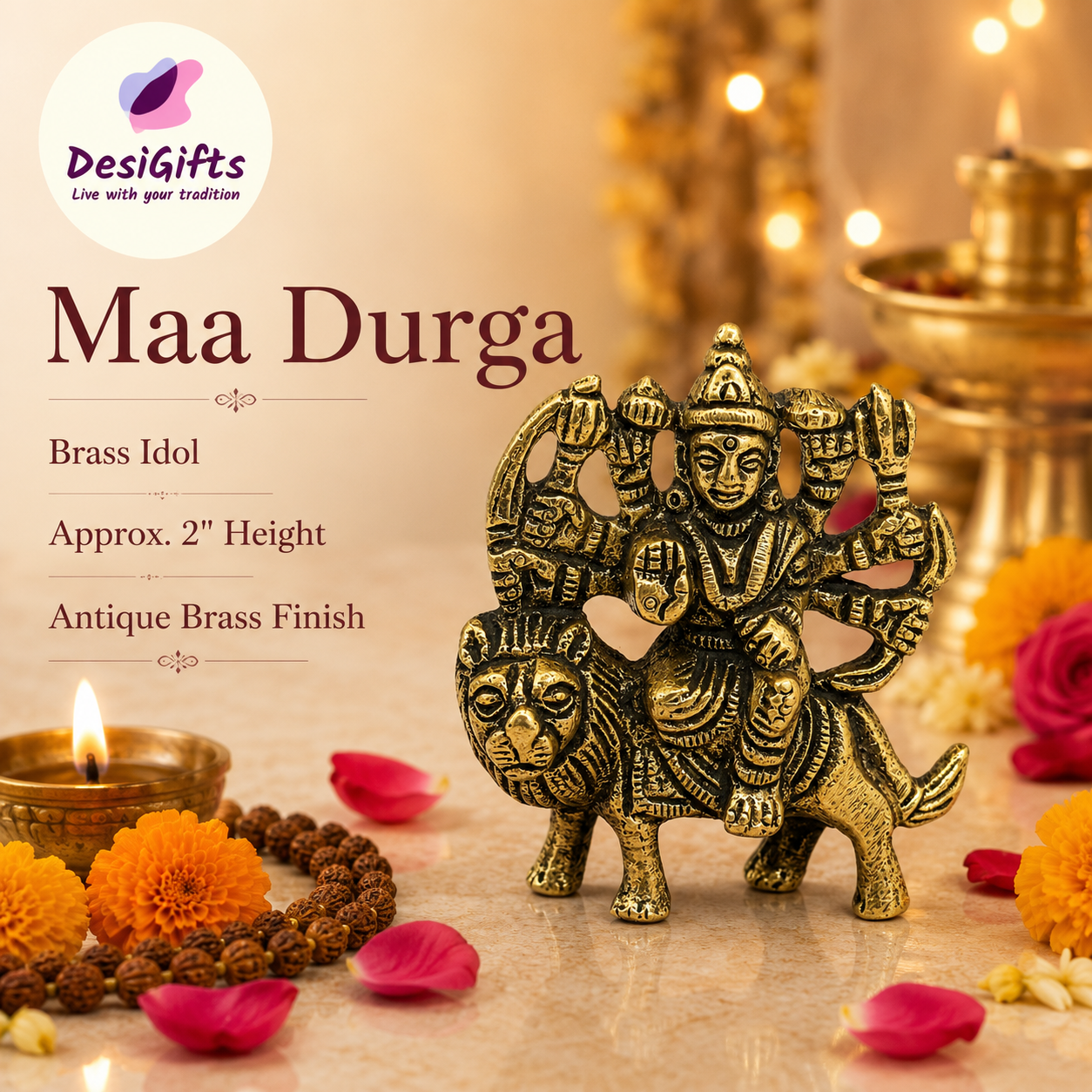 Brass Durga Maa Idol on Lion | 2 inch idol Murti for Home & Office.  GS8 -3044