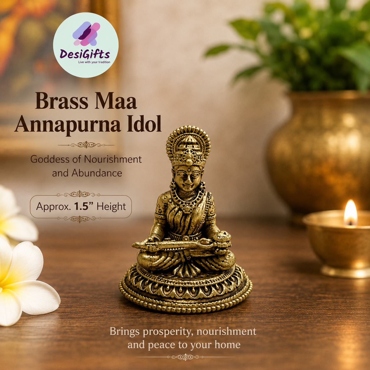 1.5" Brass Maa Annapurna Idol | Handcrafted Miniature Murti of Goddess Annapoorna Devi.  GS8 -3045