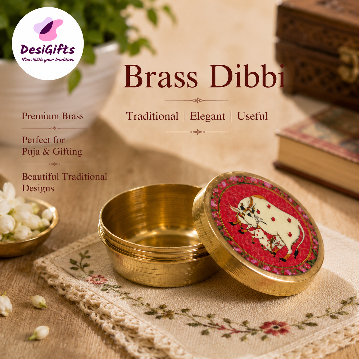 Brass Dibbi Box with Decorative Cow Artwork, 1" x 1.8" Size | Traditional Pooja Kumkum, Haldi & Sindoor Container, BB- 3048
