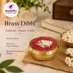 Brass Dibbi Box with Decorative Cow Artwork, 1" x 1.8" Size | Traditional Pooja Kumkum, Haldi & Sindoor Container, BB- 3048